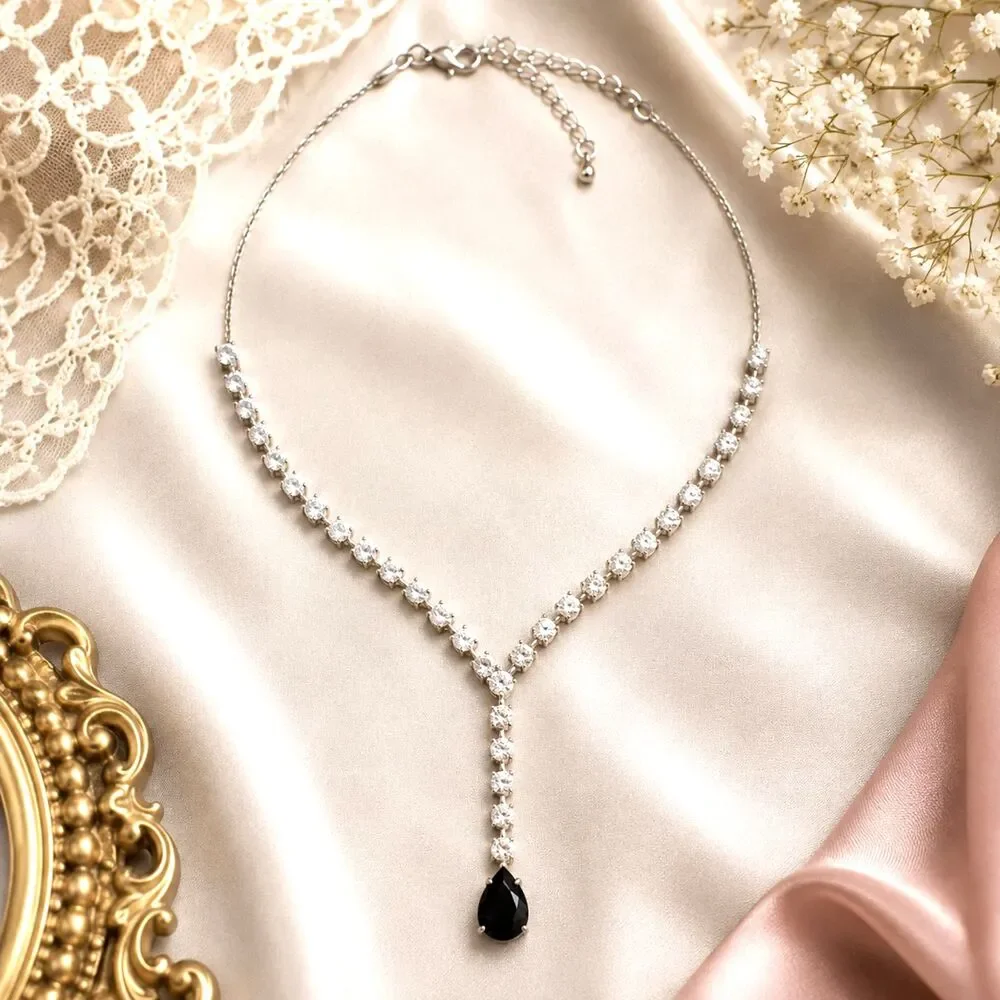 Vintage Rhinestone Y Drop Gold Tone Necklace